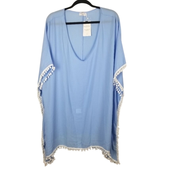Adreamly Womens Coverup Size 2X 3X Light Blue White Pom-Pom Trim Layer Beach - Picture 1 of 8